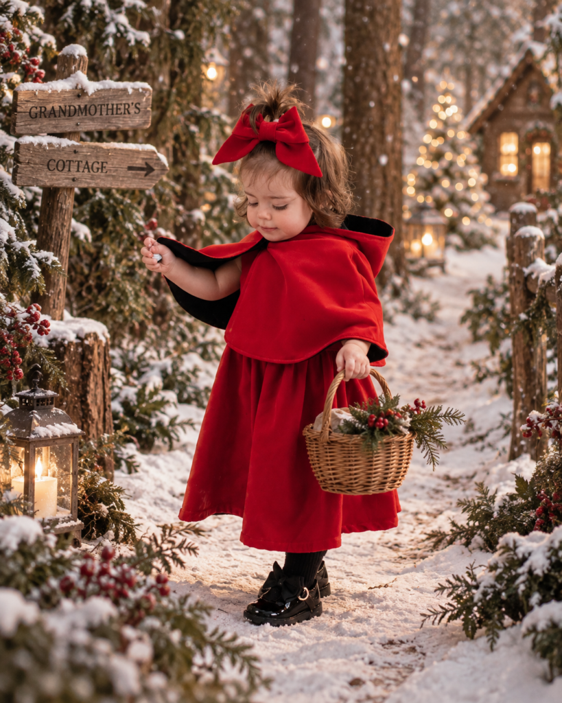 A little girl in a Christmas winterwonderland collecting acorns. Wearing a red velvet Freya Lillie dress and matching reversible cape and a hairbow.